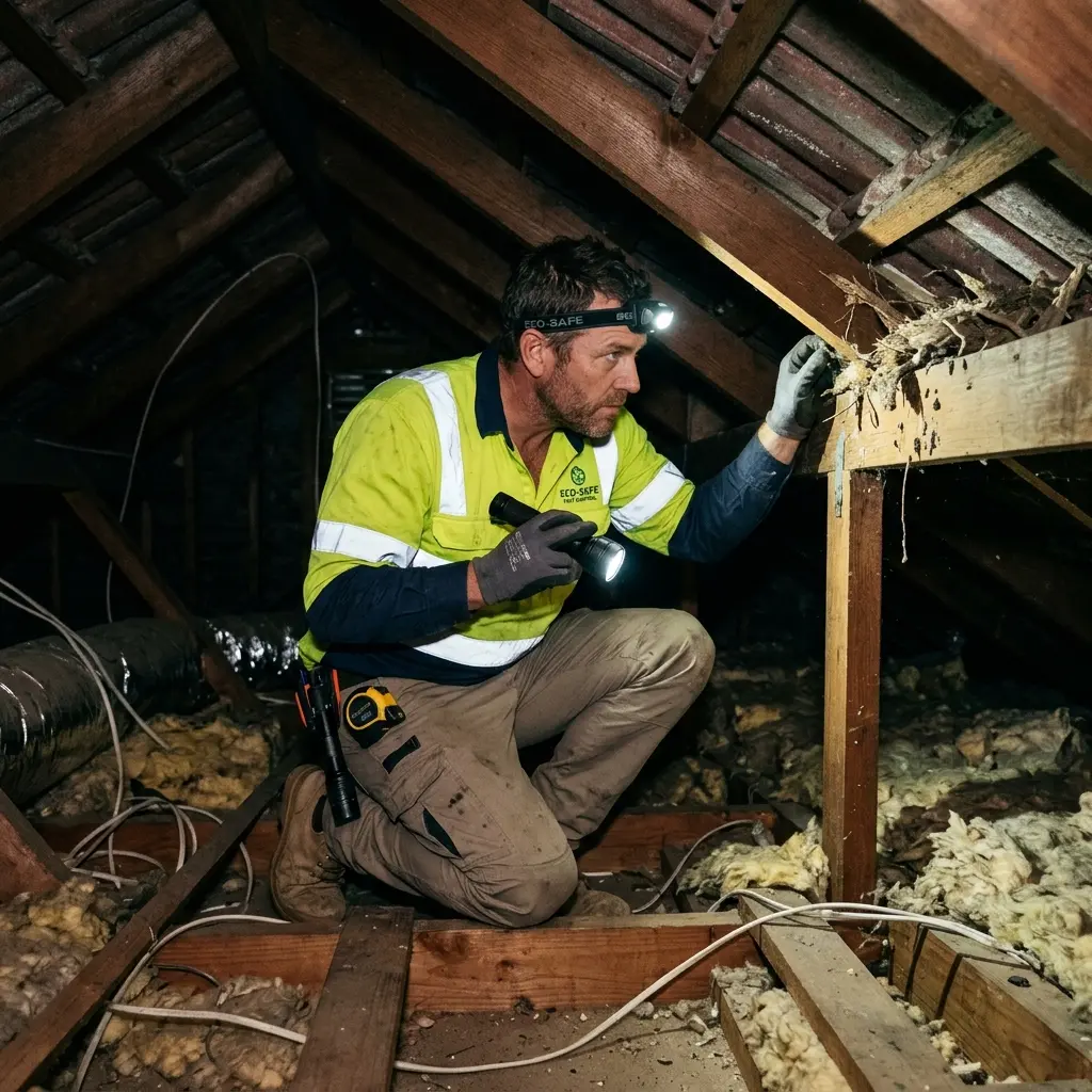 Technician inspecting a roof cavity for a dead animal in Keysborough